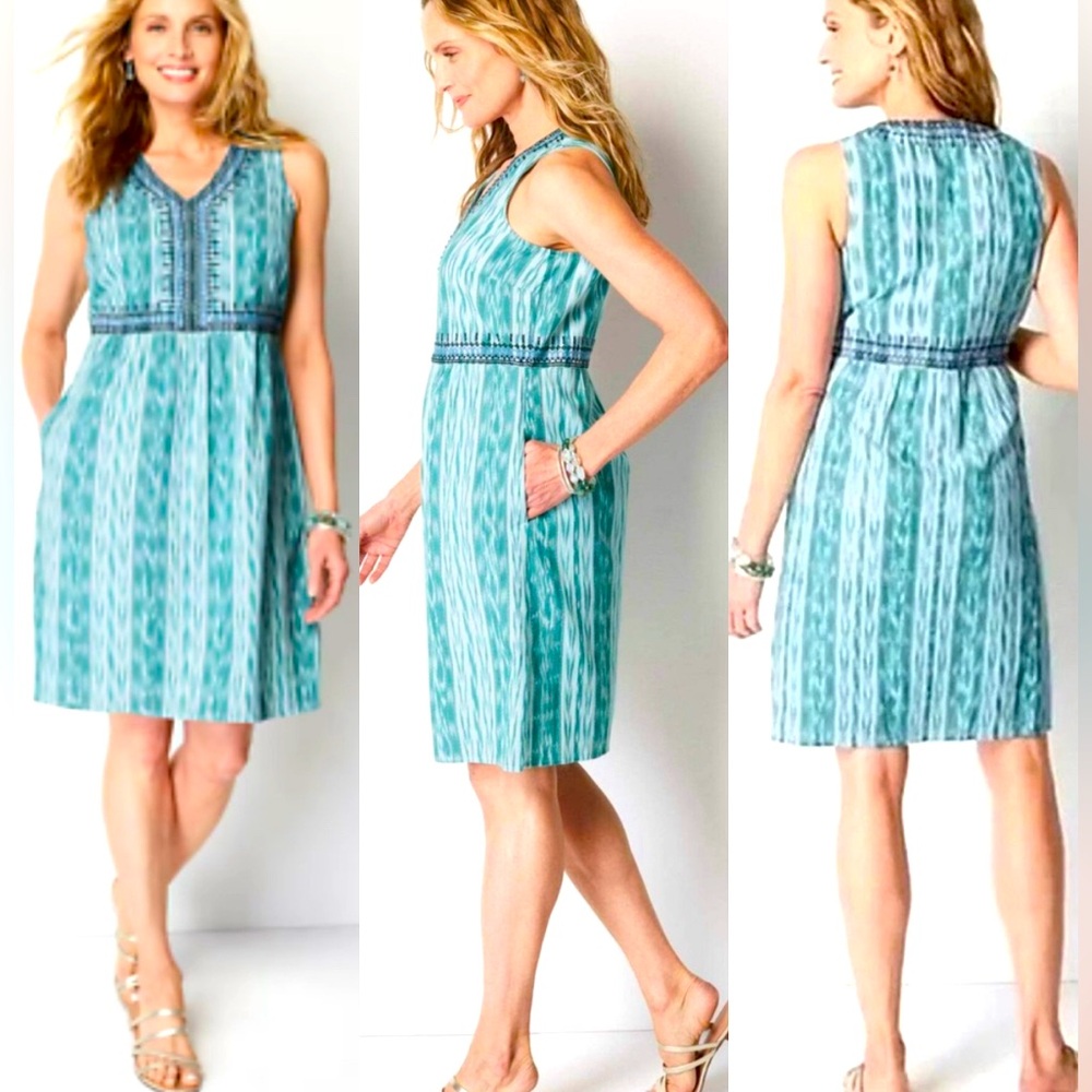 J.Jill Dark Spearmint Embroidered Ikat Dress V- Neck Women’s Size Petite M
